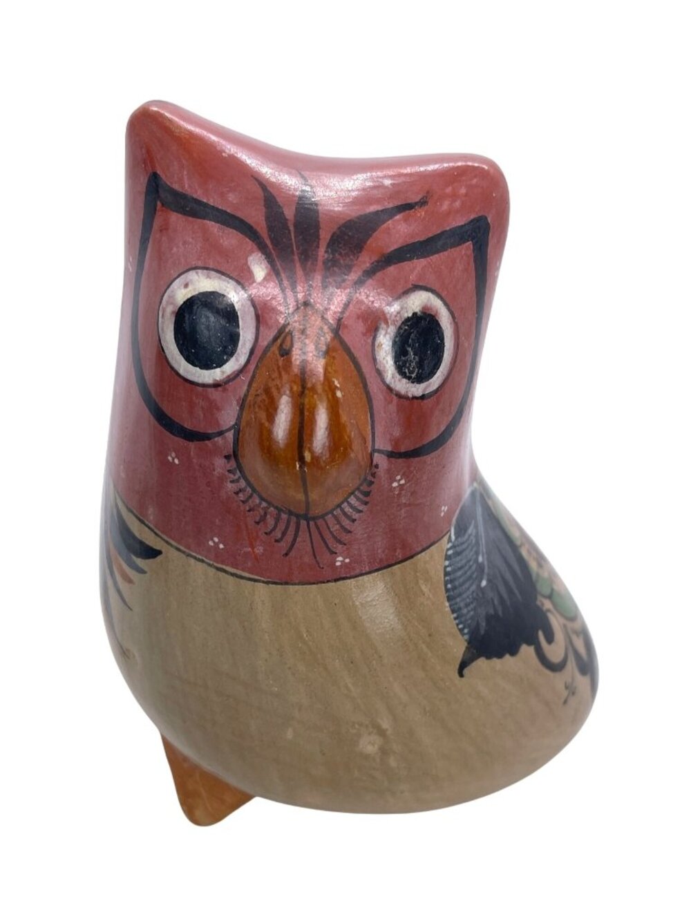 Tonala Owl Mexico Folk Art Pottery Bird Hand Painted Figurine Sculpture Vintage